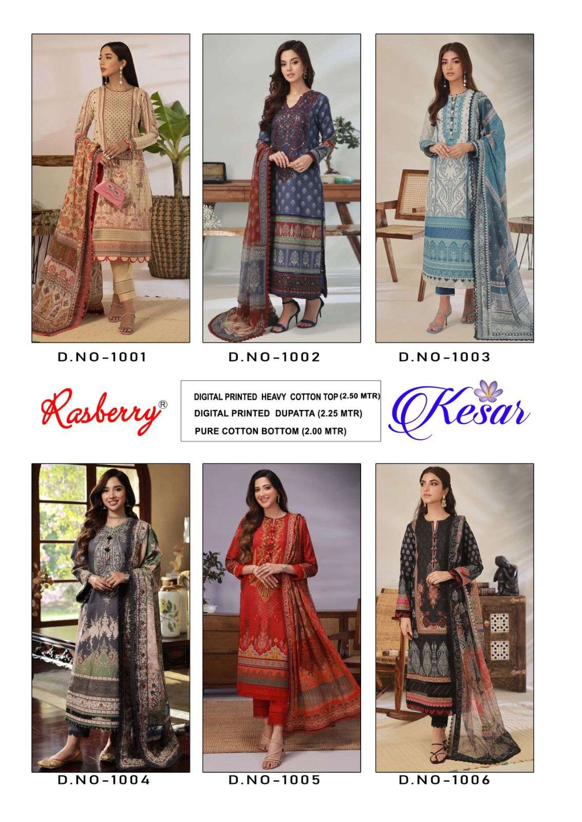 rasberry kesar vol-1 1001-1006 series latest pakistani salwar kameez wholesaler surat gujarat