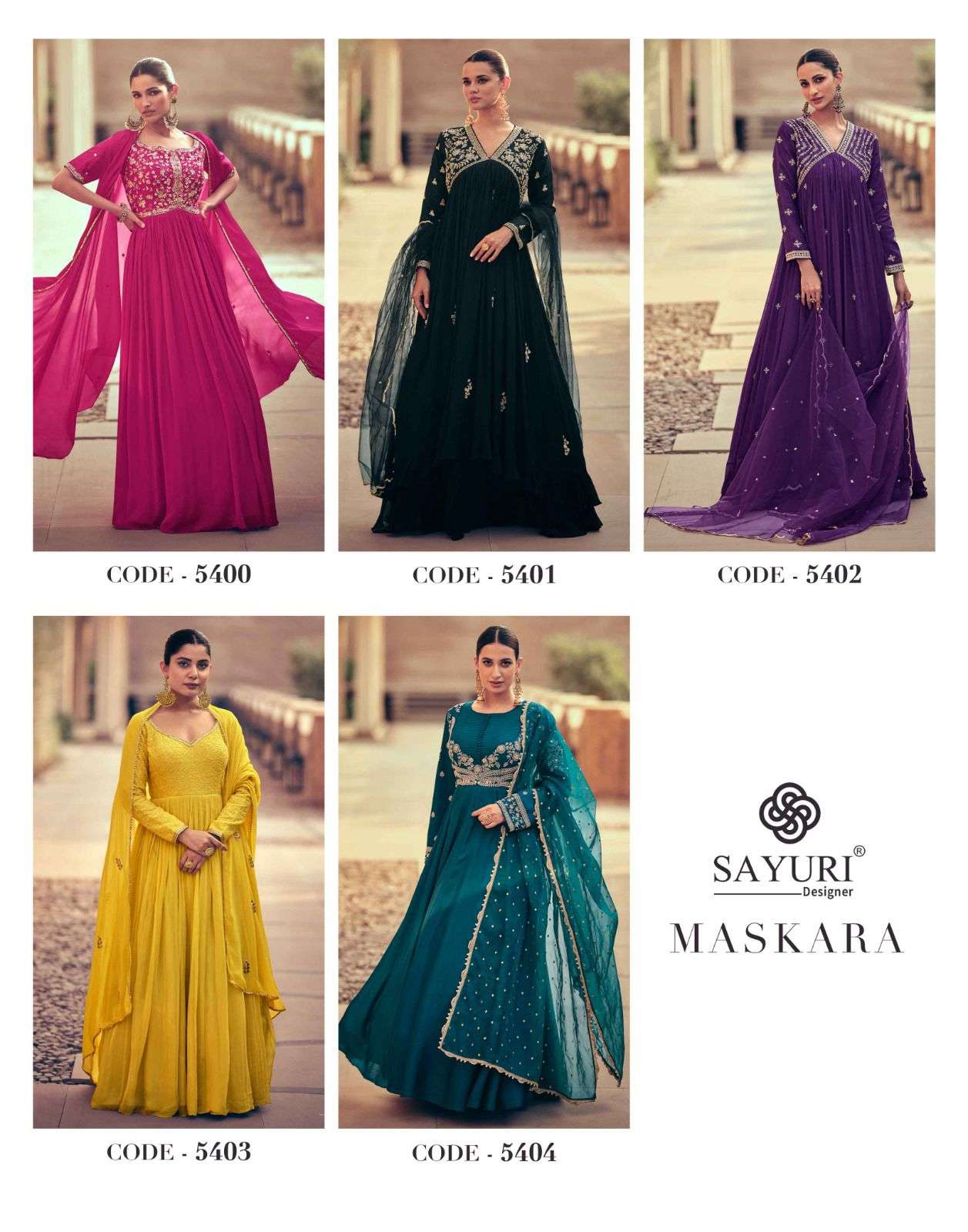 sayuri designer maskara 5400-5404 series latest designer anarkali salwar kameez wholesaler surat gujarat