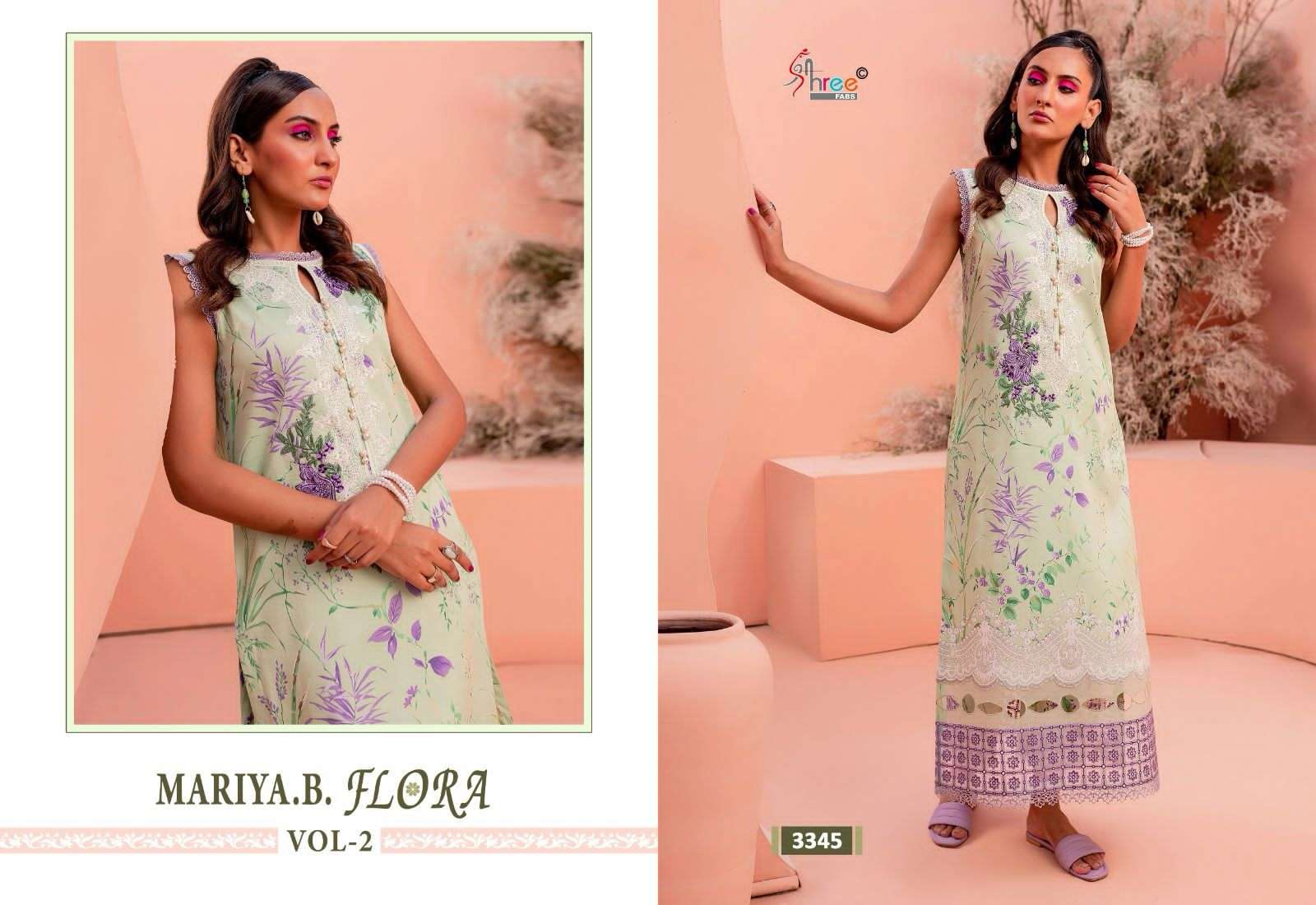 shree fabs maria b flora vol-2 3343-3346  series designer partywear pakistani cotton dupatta suit at wholesaler rate surat gujarat