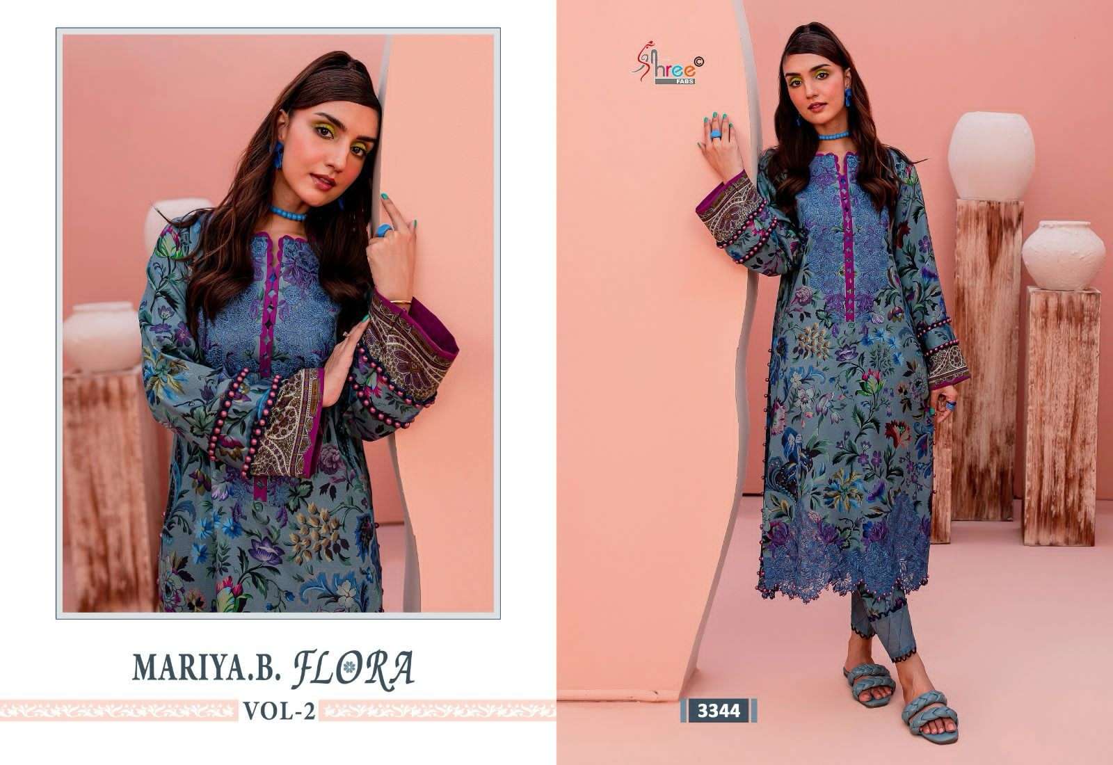 shree fabs maria b flora vol-2 3343-3346  series designer partywear pakistani cotton dupatta suit at wholesaler rate surat gujarat