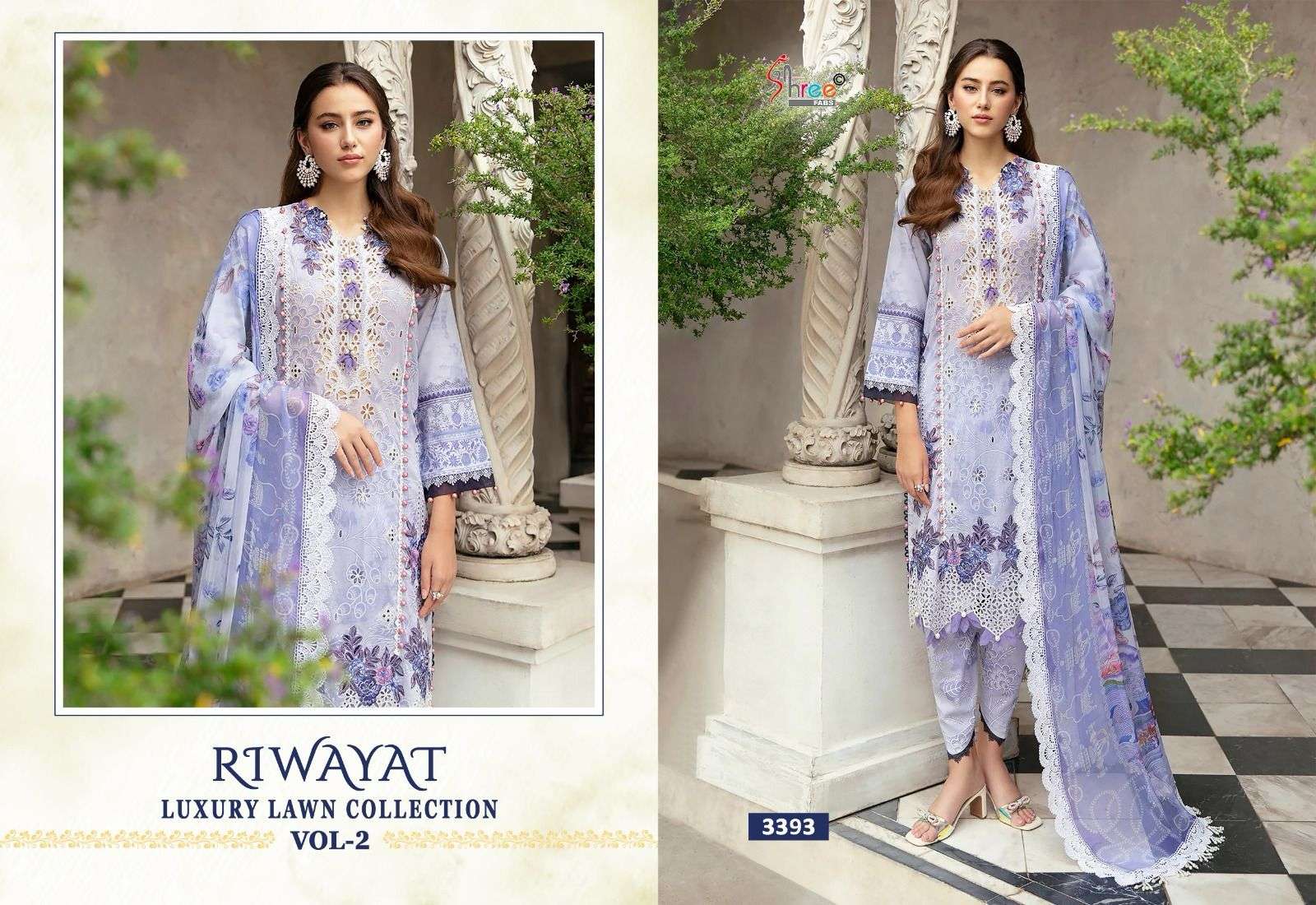 shree fabs riwayat luxury lawn collection vol-2 3390-3396 series designer wedding special pakistani suit wholesaler surat gujarat
