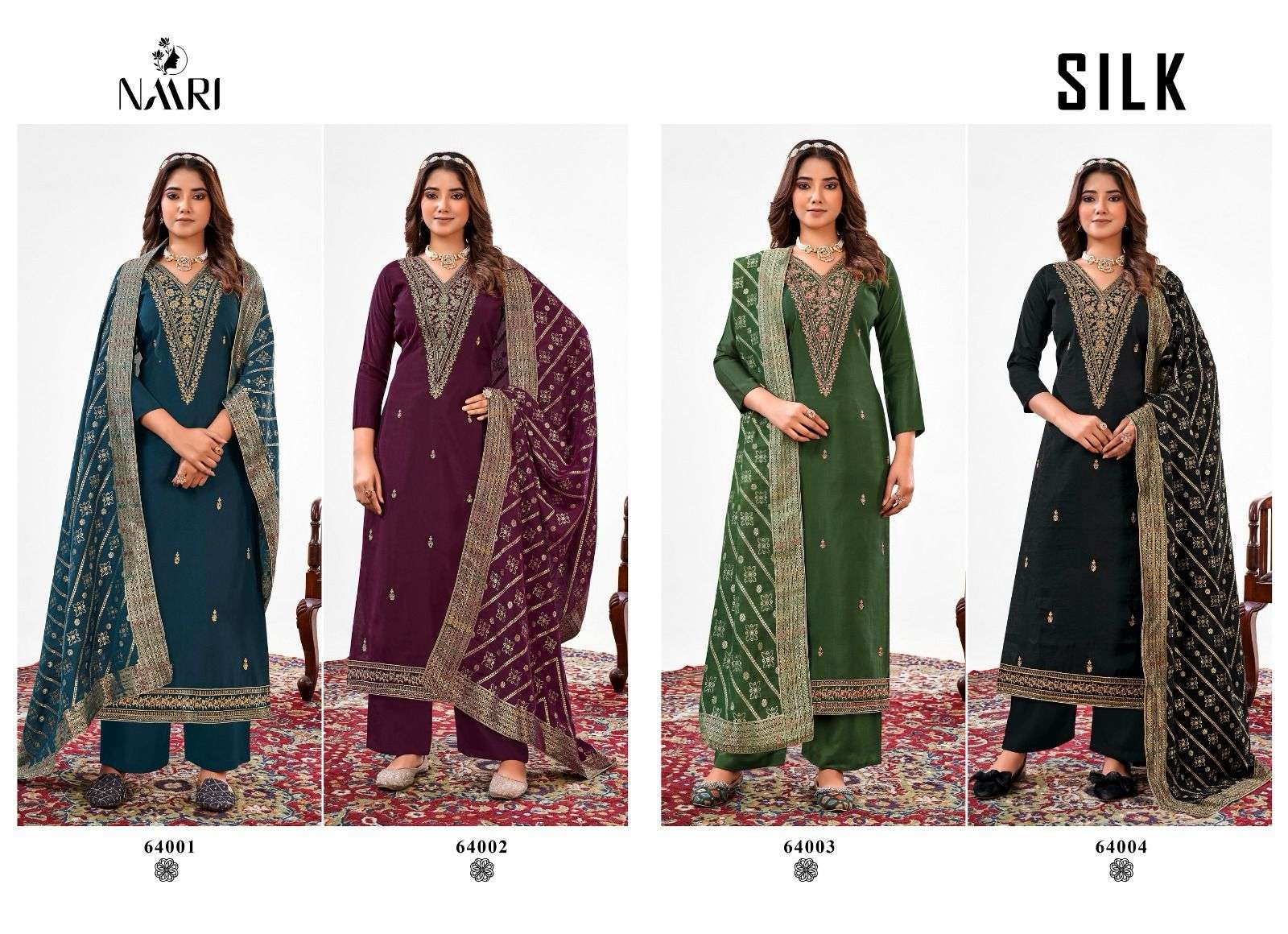 silk roman jacard naari 64001-64004 series latest pakistani salwar kameez wholesaler surat gujarat