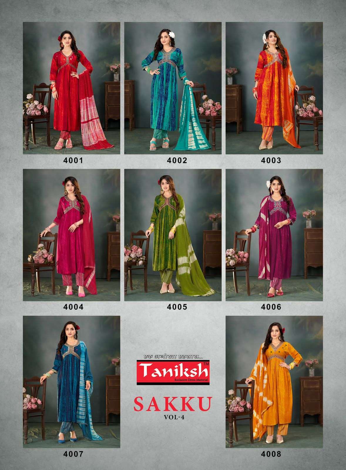 taniksh sakku vol-4 4001-4008 series latest patiyala readymade designer kurti set wholesaler surat gujarat