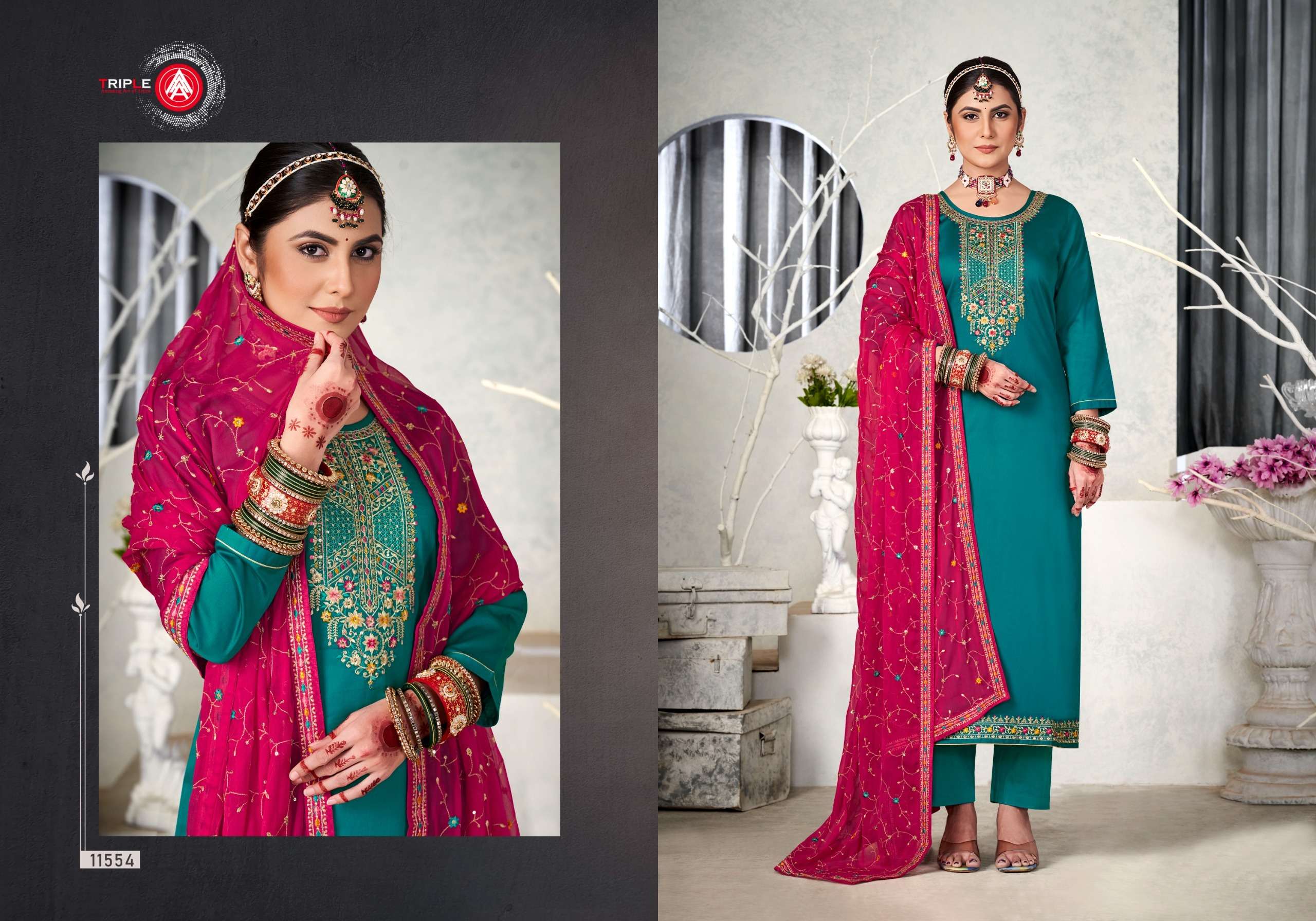 triple a laisaa 11551-11556 series latest wedding wear pakistani salwar kameez wholesaler surat