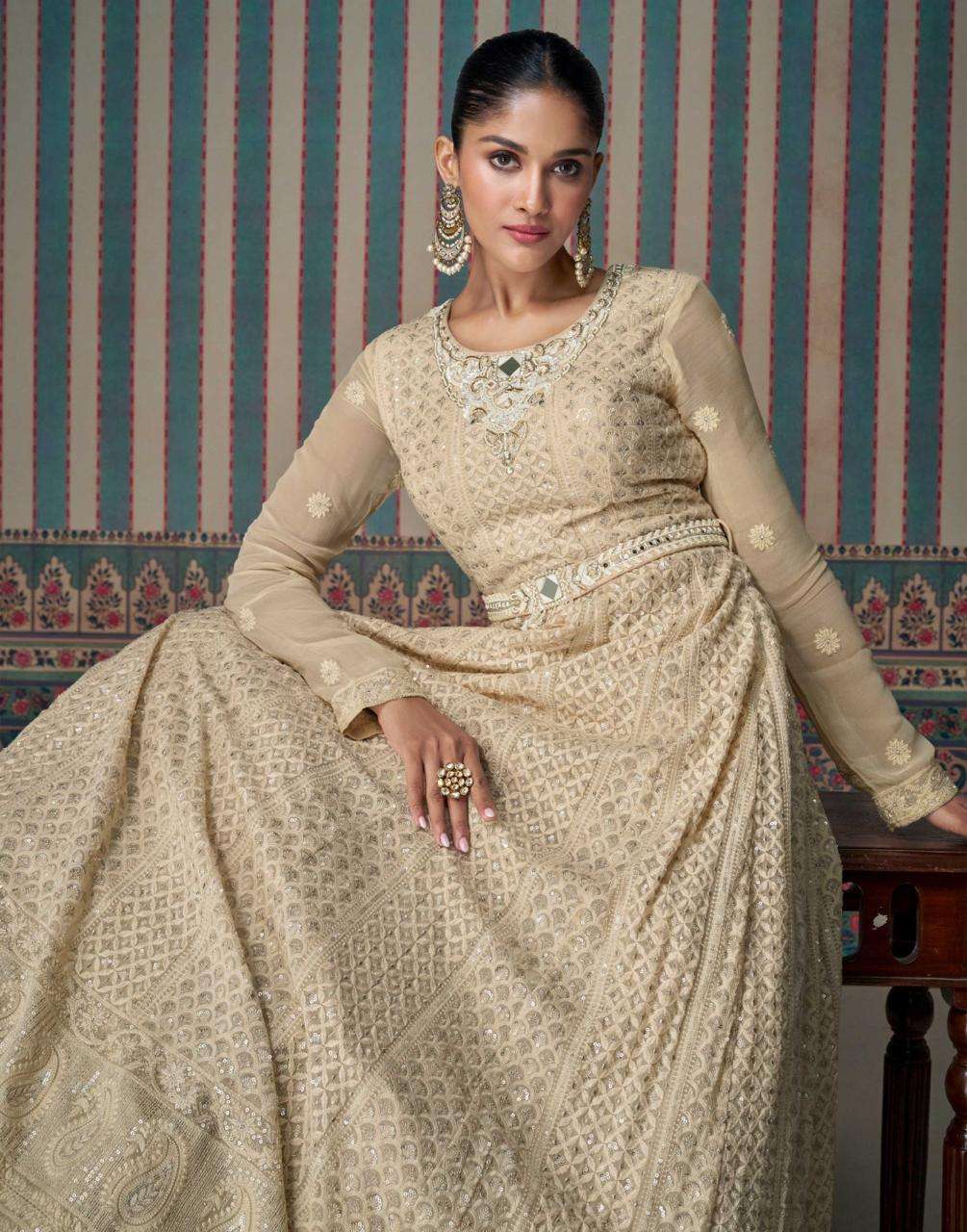 chikankari designer dress Dusty Pink Color Front-Slit Georgette Chikankari Designer Gown