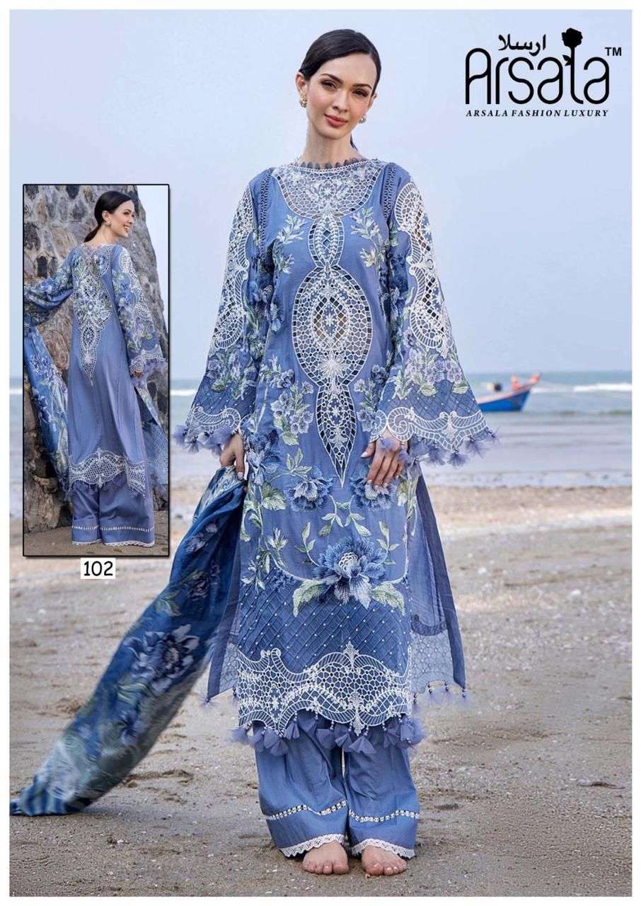 arsala fashion amira 101-106 series pure heavy lawn cotton dress material  catalogue manufacturer surat