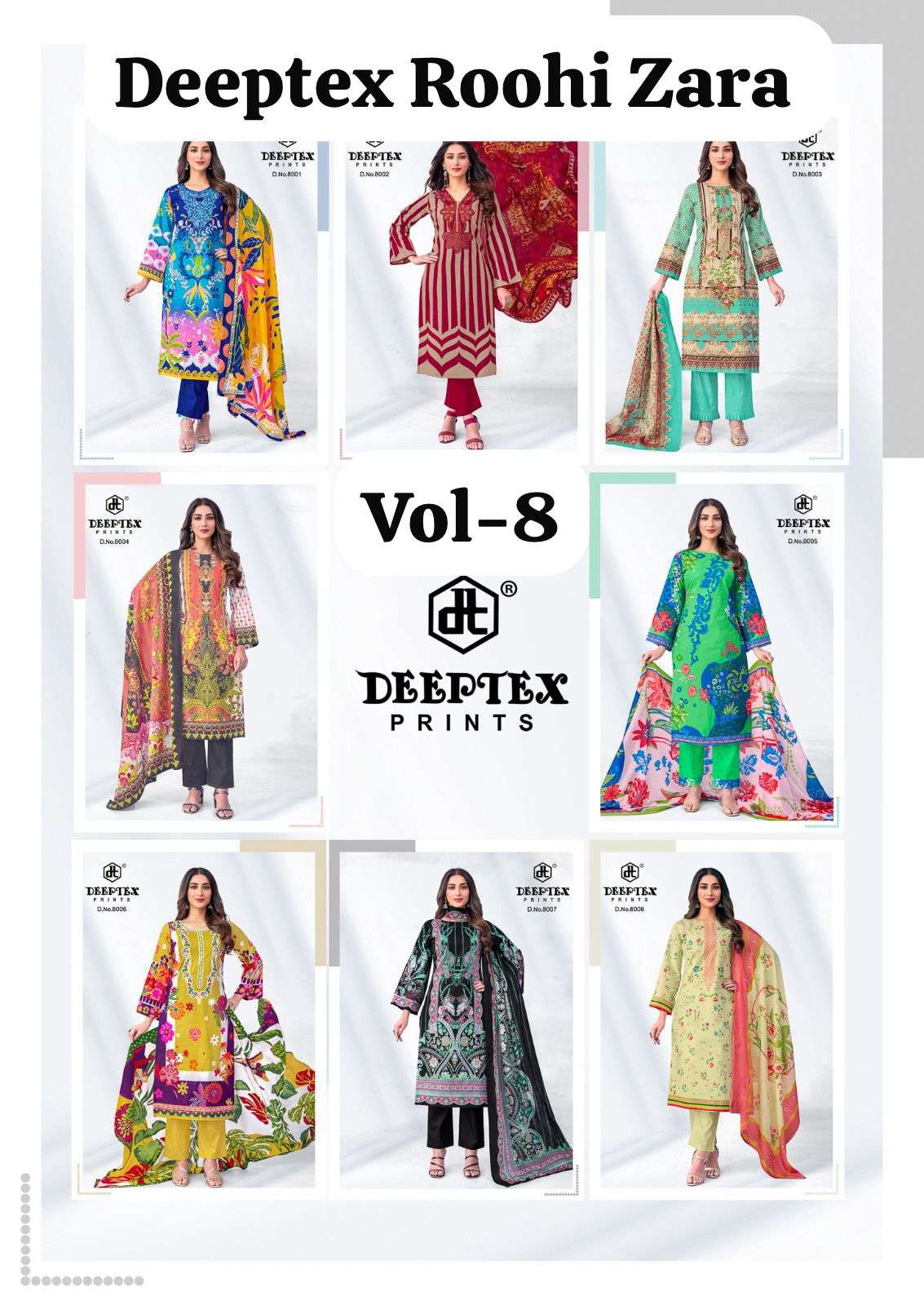 deeptex roohi zara vol-8 8001-8008 series lawn with fancy printed